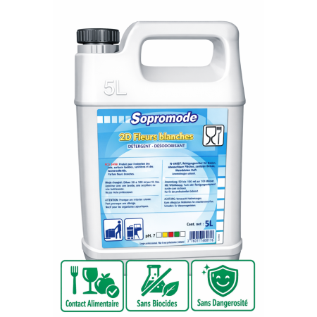 Détergent désodorisant contact alimentaire Parfum Fleurs Blanches - Bidon de 5L