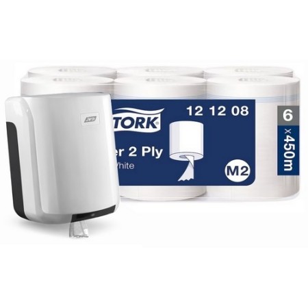 Bobine dévidage centrale Tork M2 sans mandrin blanche 450 fts - Colis de 6