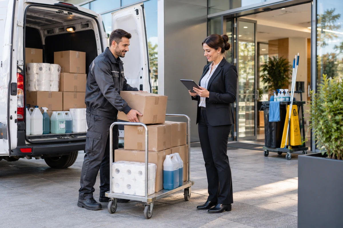 Livraison de produits d'entretien et de consommables sur un site professionnel pour approvisionner un chantier de nettoyage.