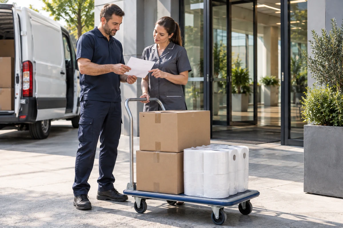 Livreur et responsable de propreté vérifiant un document près d'un chariot de cartons et de papier d'hygiène.