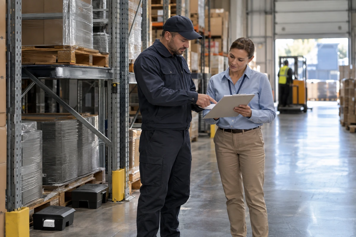 Technicien et responsable de site examinant un porte-documents dans un entrepôt équipé de boîtiers anti-nuisibles.