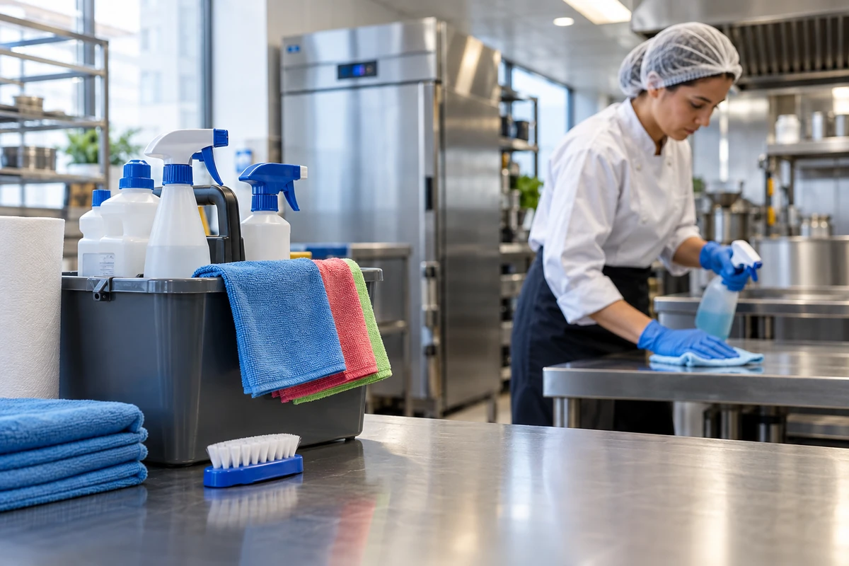 Matériel d'essuyage et agent nettoyant un plan de travail en inox dans une cuisine professionnelle.