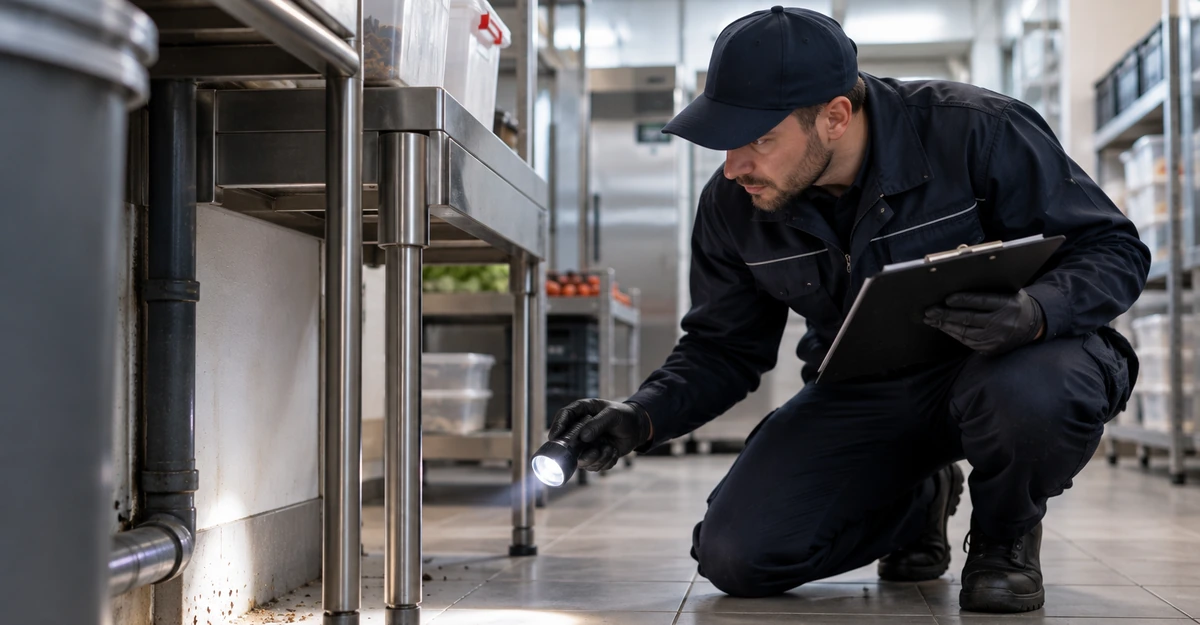 Technicien ganté inspectant à la lampe le dessous d'un équipement inox dans une cuisine professionnelle.
