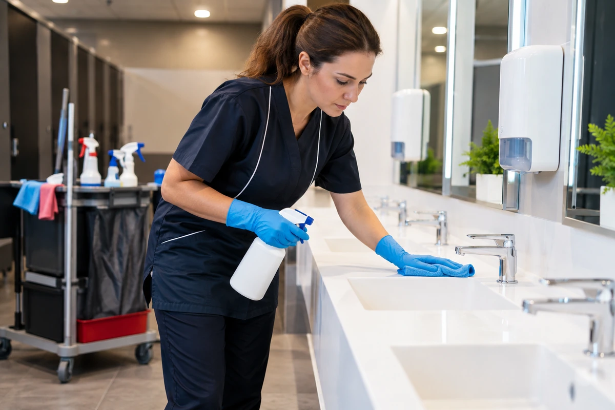 Agente gantée essuyant le bord d'un lavabo dans des sanitaires professionnels équipés de robinets chromés.