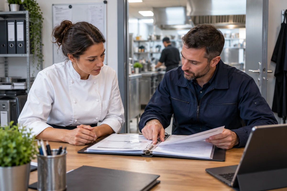 Cheffe de restaurant et technicien examinant ensemble un classeur de suivi dans un bureau attenant à la cuisine.