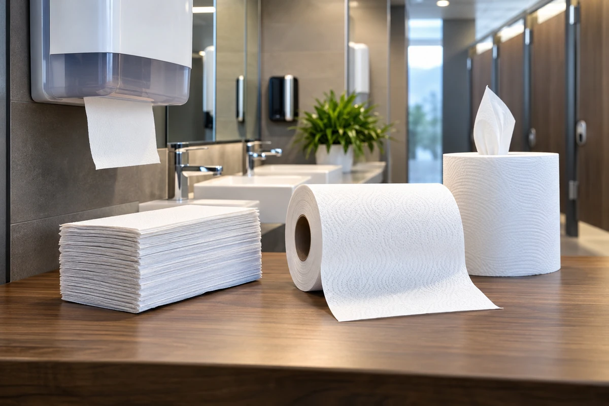Essuie-mains pliés, rouleau et bobine à dévidage central présentés dans un sanitaire professionnel moderne.