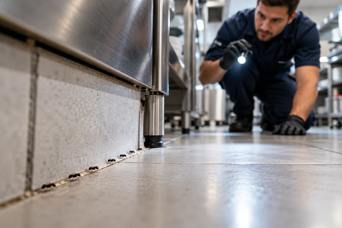 Technicien inspectant à la lampe une file de fourmis au pied d'un meuble inox dans une cuisine professionnelle.
