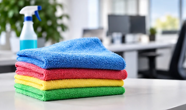 Pile de lavettes microfibres bleue, rouge, jaune et verte sur une table dans des bureaux.