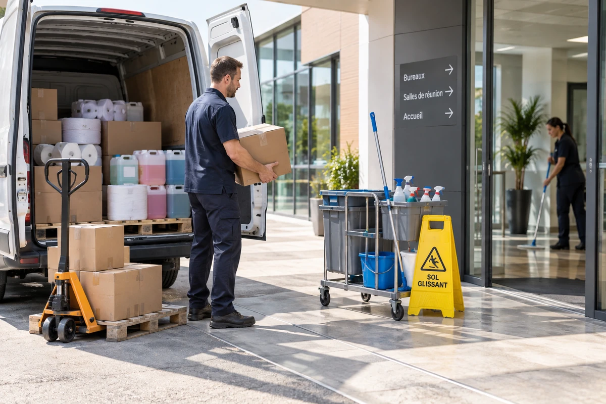 Livreur transportant un carton de fournitures d'entretien devant un immeuble de bureaux, près d'une camionnette ouverte.