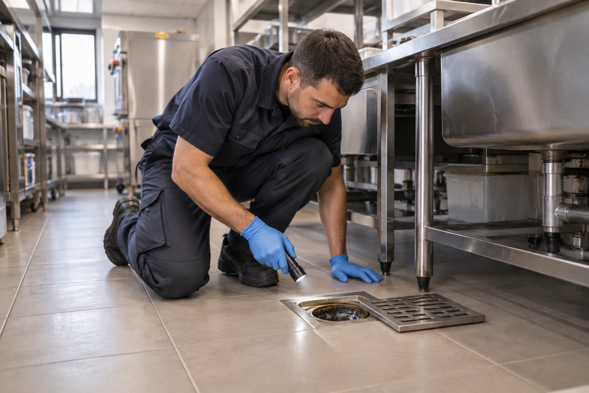 Technicien inspectant à la lampe un siphon de sol dans une cuisine professionnelle.