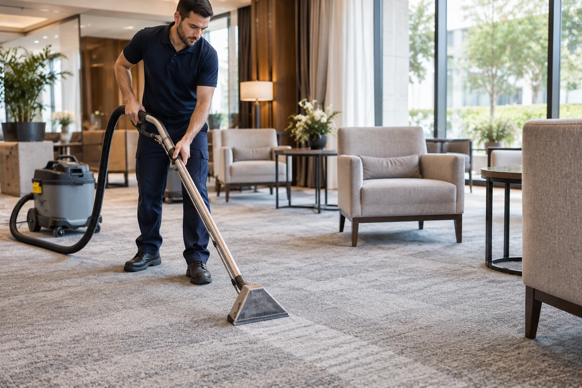 Technicien nettoyant la moquette d’un salon d’hôtel avec une canne reliée à un injecteur-extracteur.