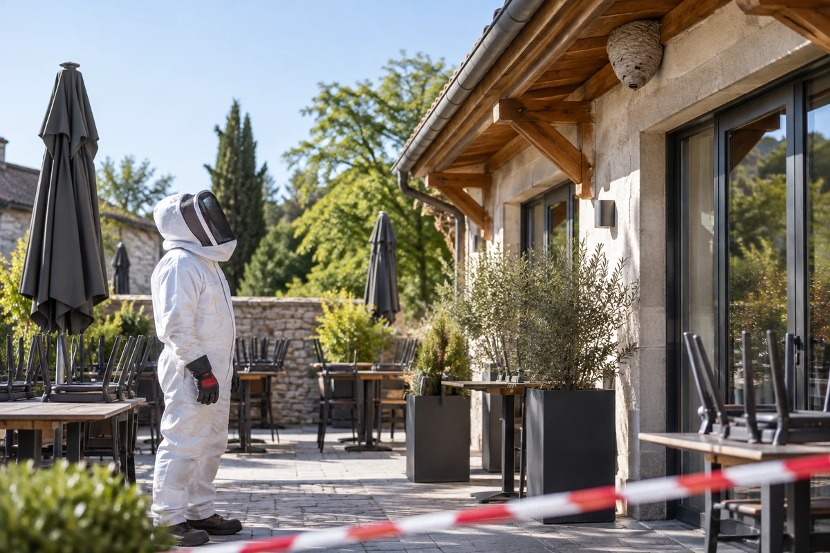 Professionnel en combinaison intégrale observant un nid sous une toiture, dans une terrasse d’établissement balisée.
