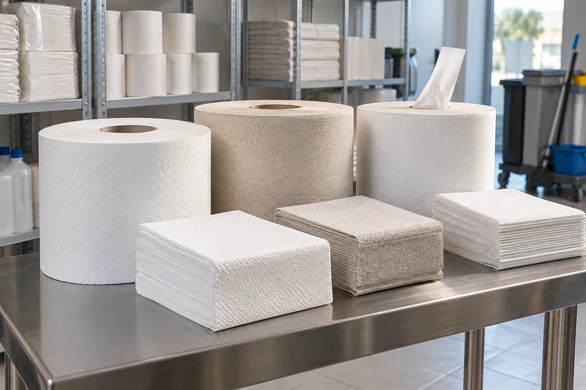 Différentes qualités de papier d’essuyage professionnel disposées dans un local de stockage propre.