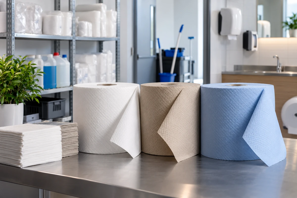Bobines de papier d'essuyage blanches, écrues et bleues sur un plan de travail dans un local professionnel.