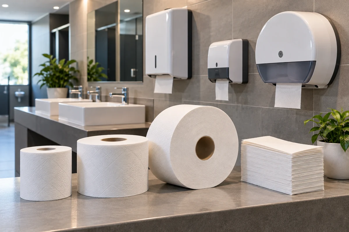 Différents formats de papier toilette professionnel présentés dans un sanitaire moderne.