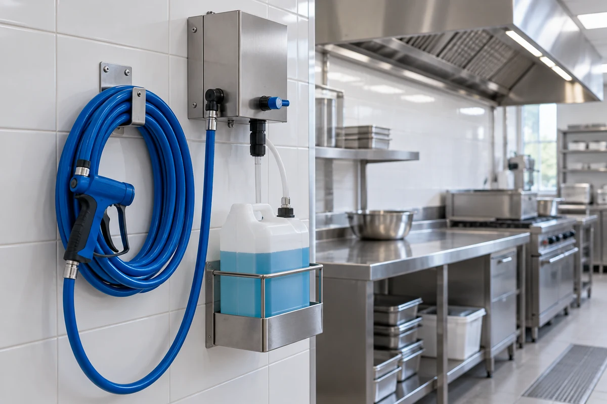 Poste mural de nettoyage avec tuyau bleu, pistolet et bidon dans une cuisine professionnelle.