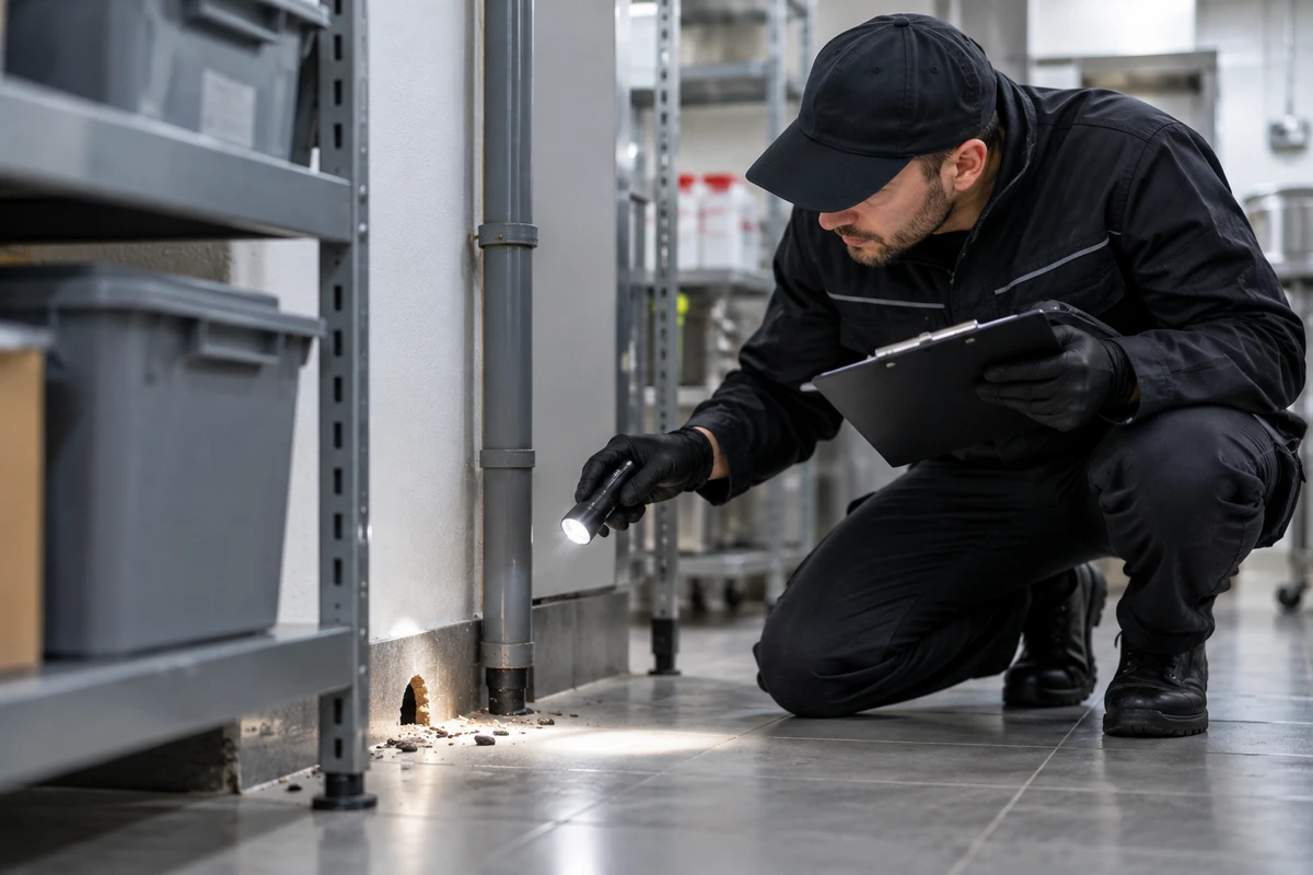 Technicien ganté inspectant à la lampe une ouverture au pied d'un mur dans une réserve professionnelle.