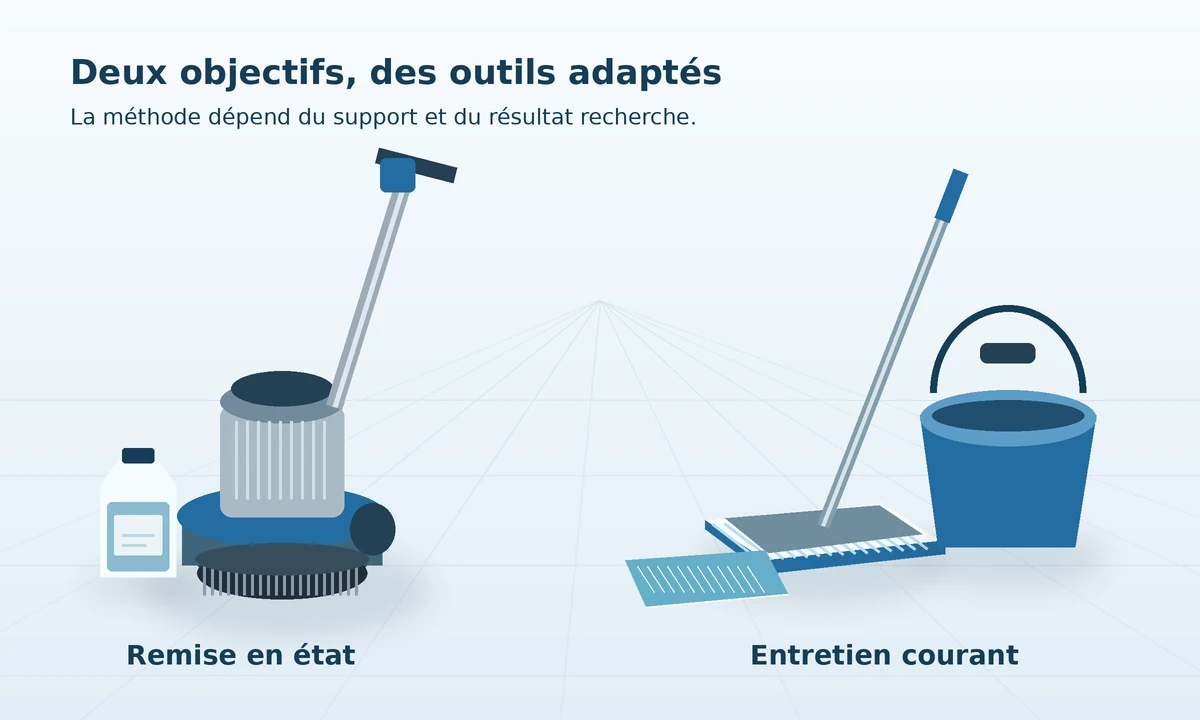 Illustration technique : monobrosse et accessoires de remise en état, balai à plat et seau pour entretien courant.