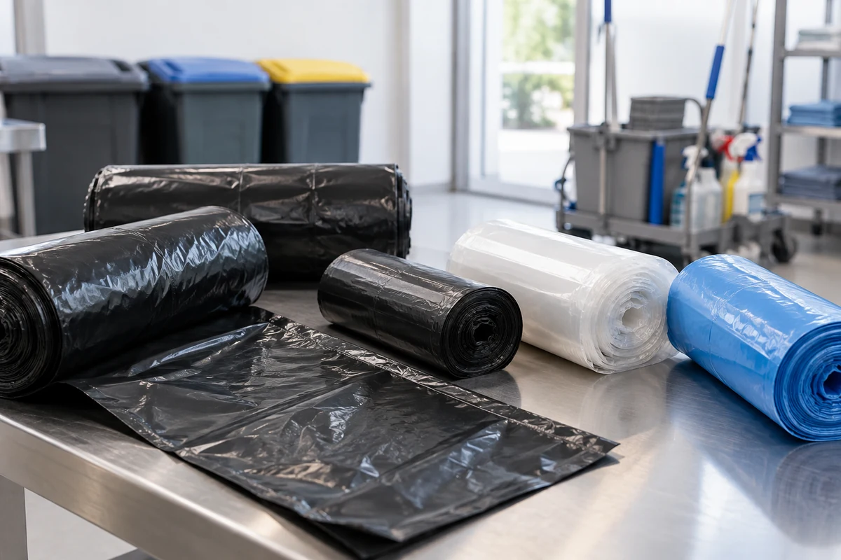 Rouleaux de sacs poubelles noirs, translucides et bleus dans un local d'entretien.