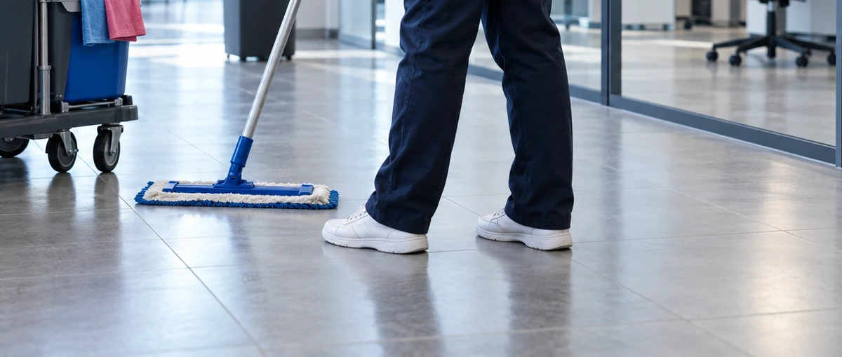 Balai plat en cours de passage sur un sol de bureaux, aux pieds d'un agent d'entretien.