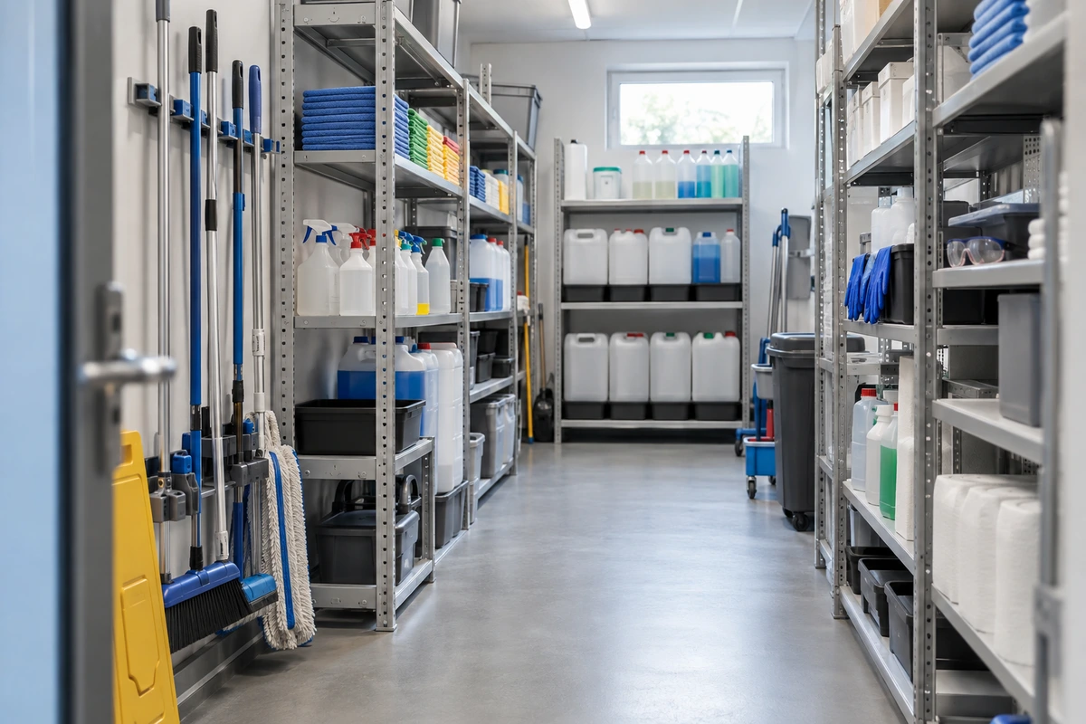 Local de stockage de produits d'entretien avec rayonnages, bacs de rétention et allée dégagée.