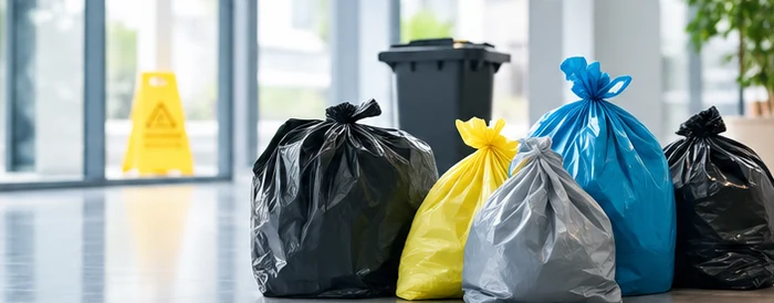 Sacs poubelles fermés de plusieurs couleurs devant un collecteur.