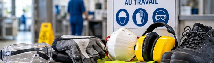Lunettes, gants et autres protections disposés sur un plan de travail.