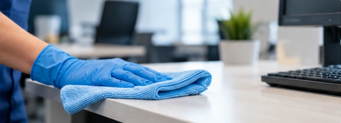 Main protégée par un gant bleu essuyant une table de bureau avec une lavette microfibre pliée.