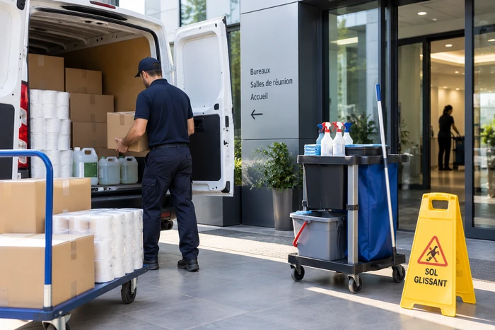 Agent manipulant un carton à l'arrière d'une camionnette, avec du papier d'hygiène sur un chariot de manutention.
