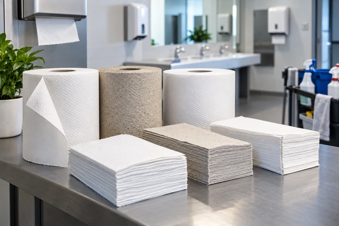 Papiers d'essuyage en rouleaux et en feuilles devant des distributeurs muraux dans des sanitaires professionnels.