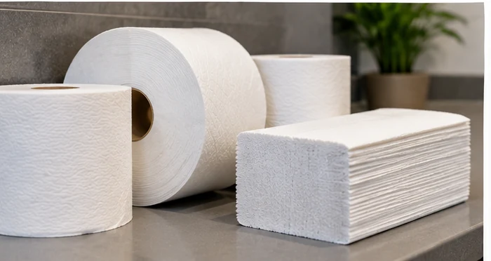 Petits rouleaux et rouleaux jumbo de papier toilette professionnel présentés côte à côte.