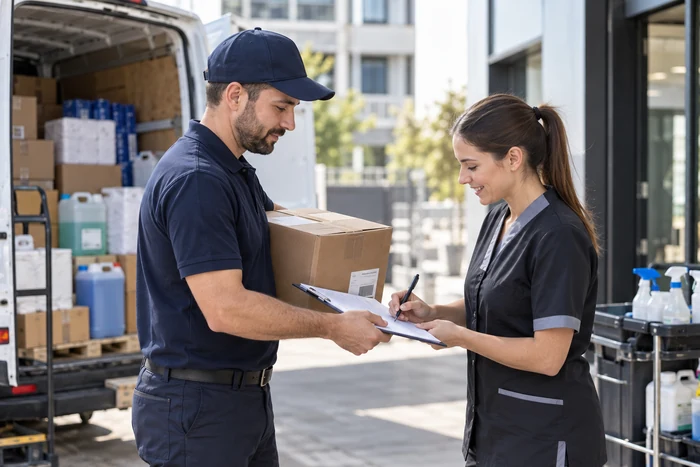 Responsable de propreté signant un document présenté par un livreur tenant un carton.