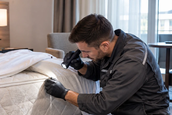 Contrôle visuel à la lampe d’une couture de matelas par un professionnel en chambre d’hôtel.