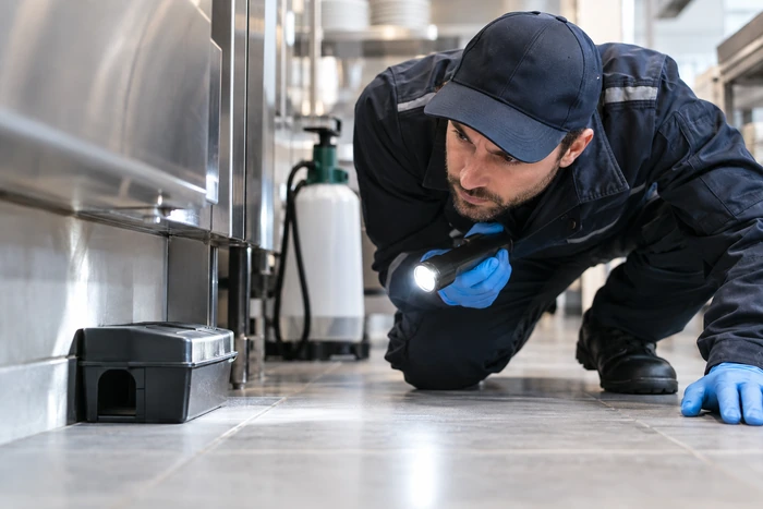 Technicien ganté contrôlant à la lampe un boîtier anti-nuisibles fermé au pied d’un meuble inox.