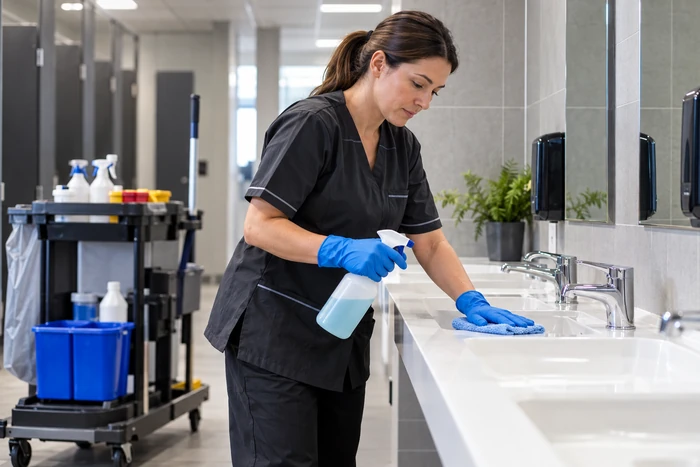 Agente d'entretien nettoyant une rangée de lavabos dans des sanitaires professionnels modernes.