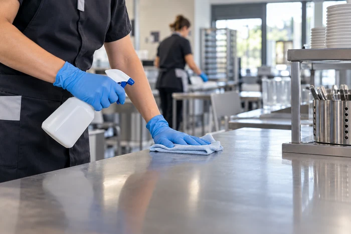 Agente d’entretien nettoyant un plan de travail en inox dans une cuisine professionnelle.