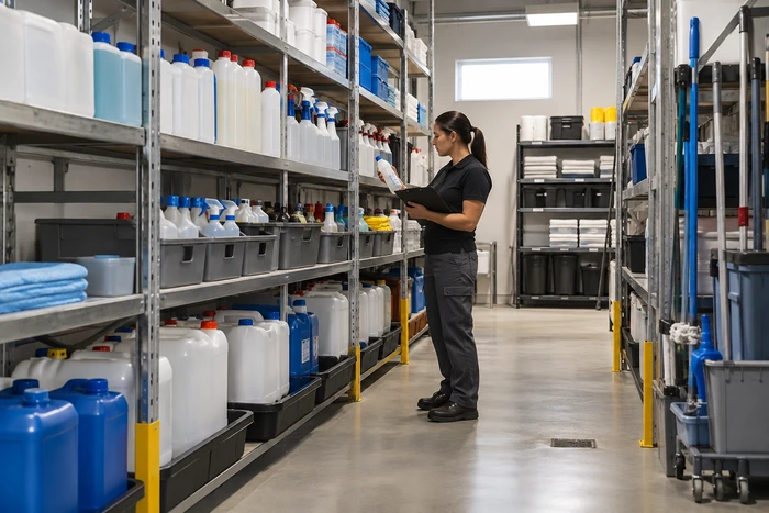Professionnelle contrôlant des flacons au milieu de rayonnages avec des bidons et des bacs de rangement.