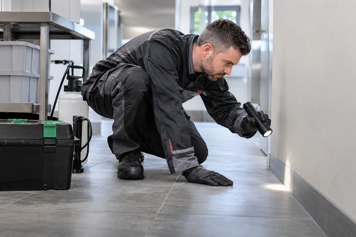 Professionnel examinant une plinthe et les zones difficiles d'accès d'une cuisine à l'aide d'une lampe.