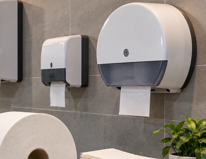 Distributeurs muraux et formats de papier toilette installés dans un sanitaire professionnel moderne.
