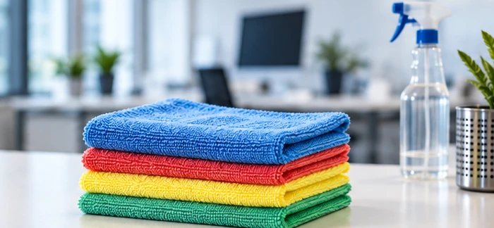 Lavettes microfibres propres pliées en plusieurs couleurs, prêtes à être rangées sur un chariot.