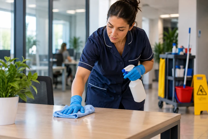 Agente gantée essuyant une table de bureau avec une lavette propre et tenant un flacon de produit, sans pulvérisation visible.