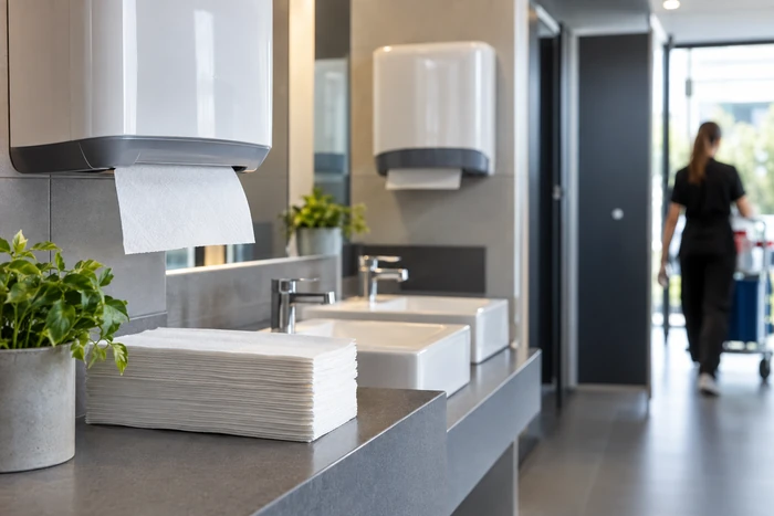 Essuie-mains pliés et distributeurs muraux dans un sanitaire professionnel moderne avec chariot de service en arrière-plan.