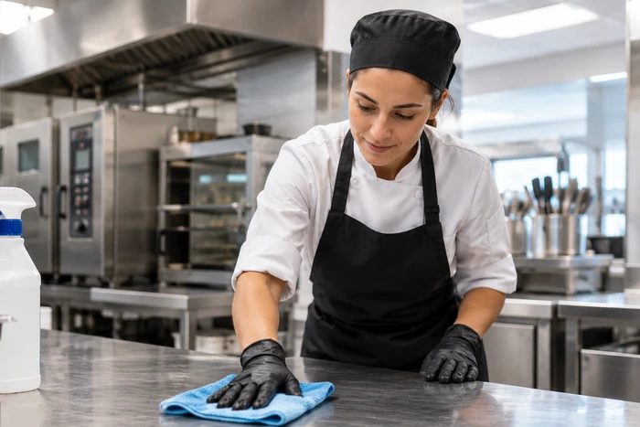 Employée de cuisine gantée essuyant une table en inox avec une lavette bleue.