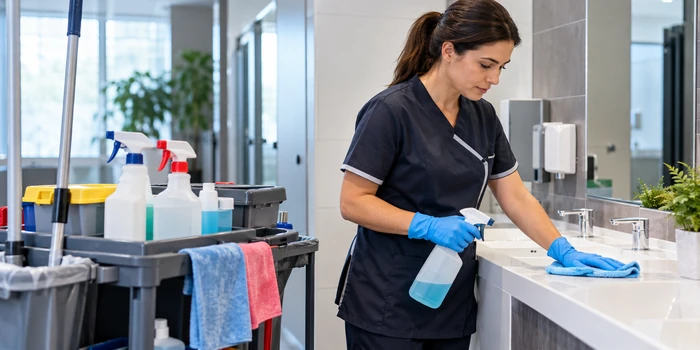 Entretien du bord d'un lavabo avec une lavette bleue dans des sanitaires à robinetterie chromée.