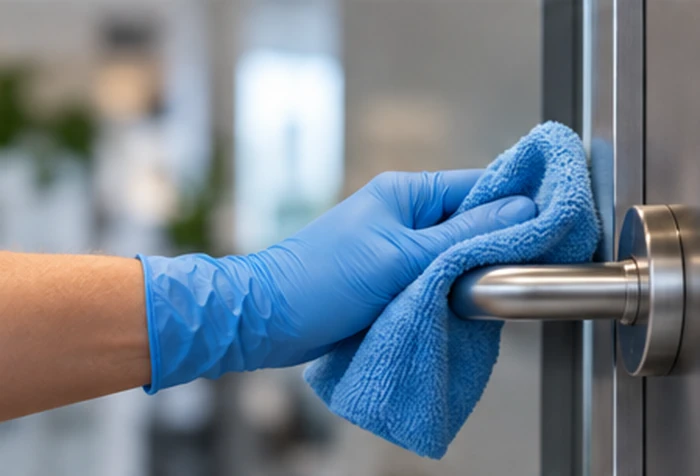 Main gantée essuyant une poignée de porte avec une lavette microfibre bleue.