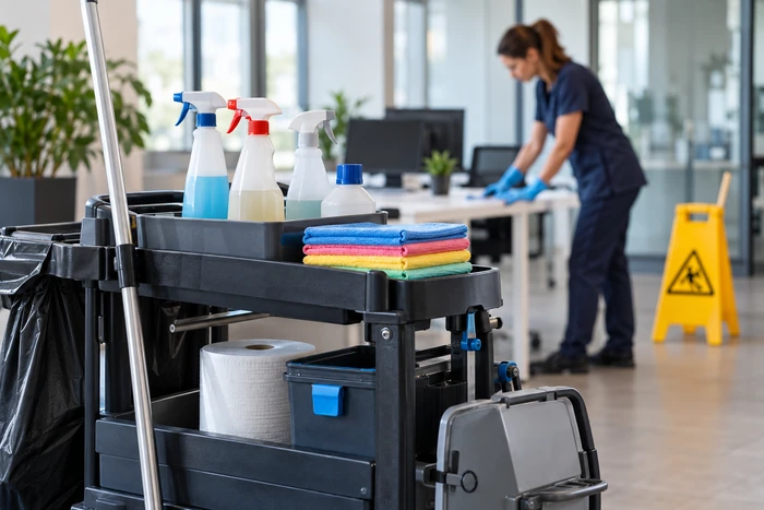 Agente portant des gants essuyant un bureau avec une lavette, près d'un chariot de nettoyage.