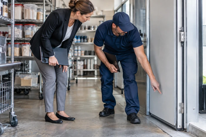 Responsable et technicien inspectant une porte et les accès d'une réserve professionnelle.