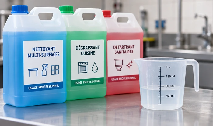 Bidons fermés de nettoyant multi-surfaces, de dégraissant et de détartrant, près d'un récipient gradué.