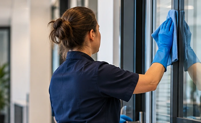 Agente gantée essuyant le bord d’un vitrage vertical avec une microfibre bleue.