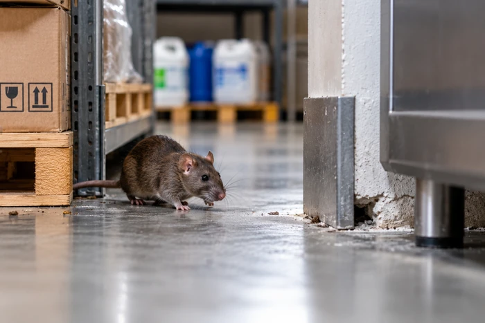 Rat au sol entre une palette de cartons et le pied abîmé d'un mur dans un local de stockage.